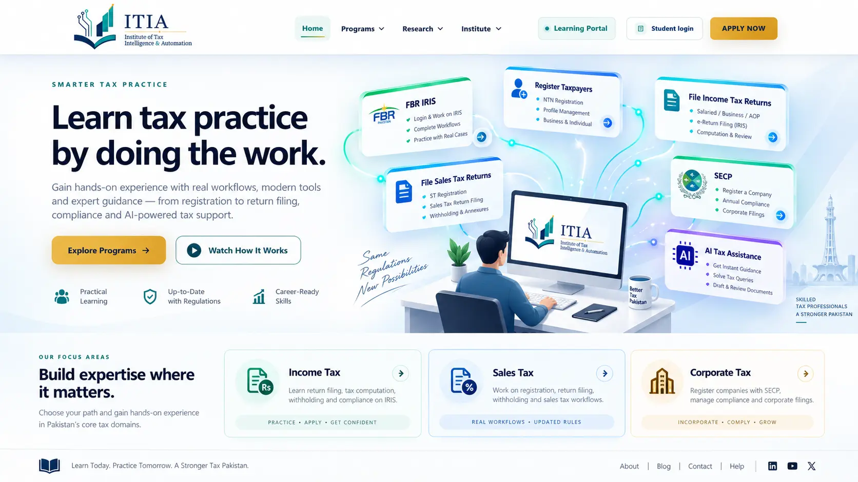 ITIA practical learning: FBR IRIS, taxpayer registration, income and sales tax returns, SECP and AI assistance connected to a learner's workstation.