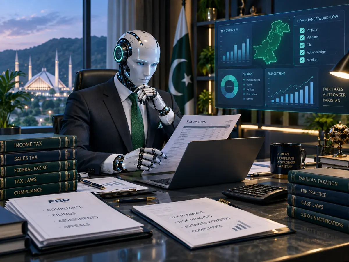 AI robot at a computer representing Pakistan taxation with AI