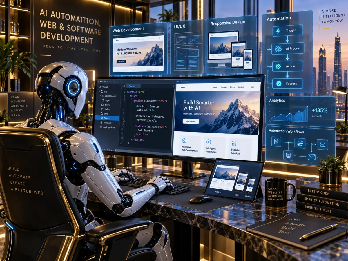 AI robot working on a computer for automation and software development